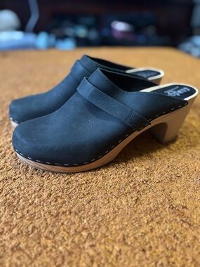 Black Leather Slip-On Clog Mules with Wood-Tone Heel